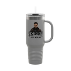 Gray travel mug with a handle featuring a person and text on a white background