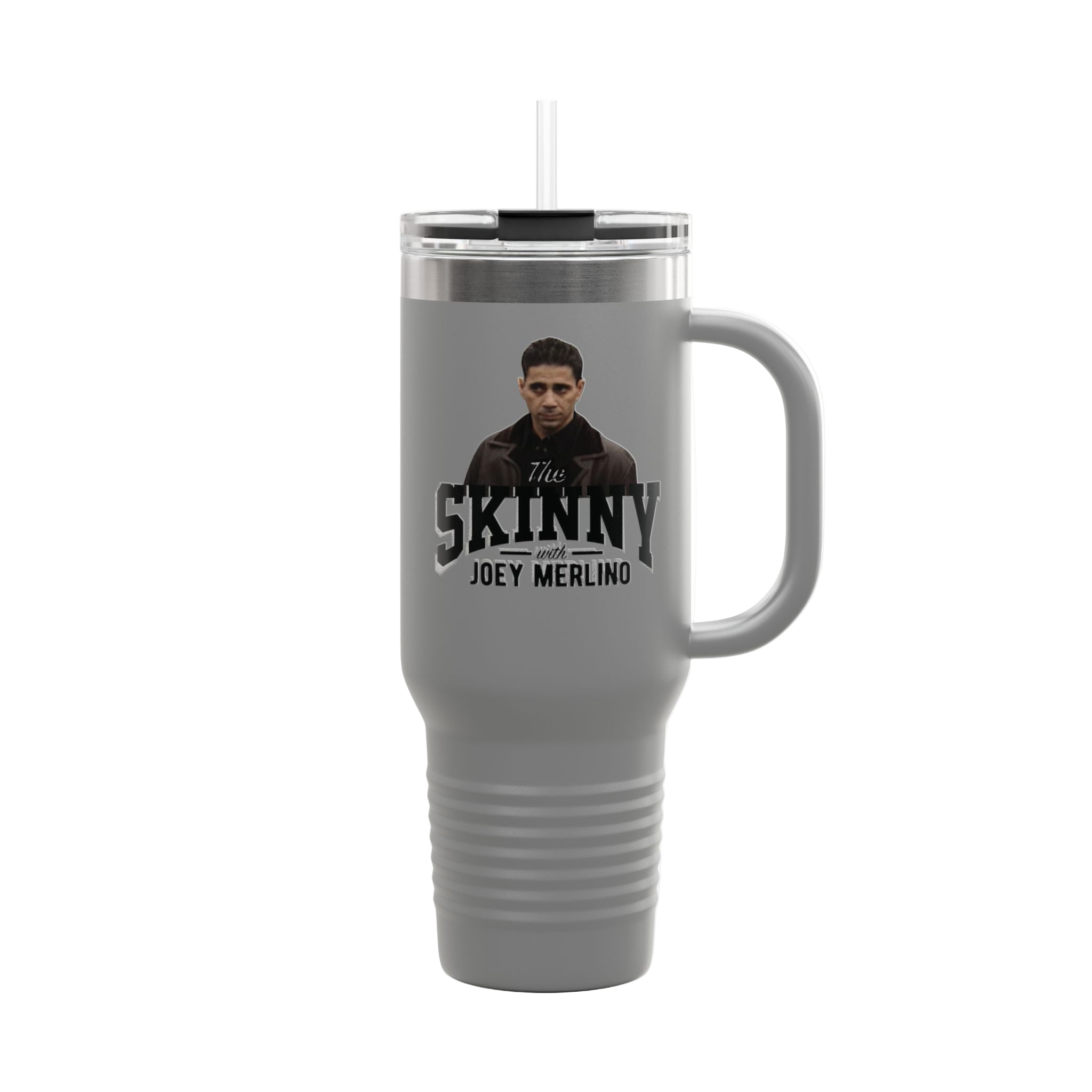 Gray travel mug with a handle featuring a person and text on a white background