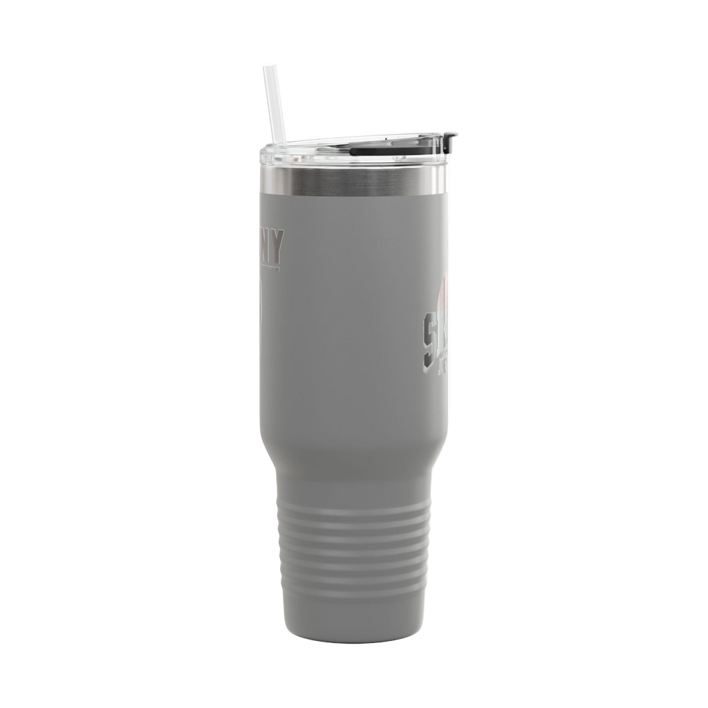 Gray tumbler with a straw on a white background