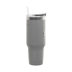 Gray tumbler with a straw on a white background