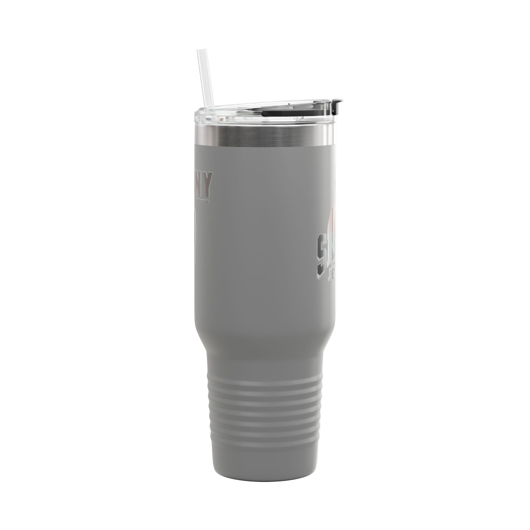 Gray tumbler with a straw on a white background