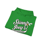 Green hoodie with 'Skinny Joey's Cheesesteaks' text on a white background