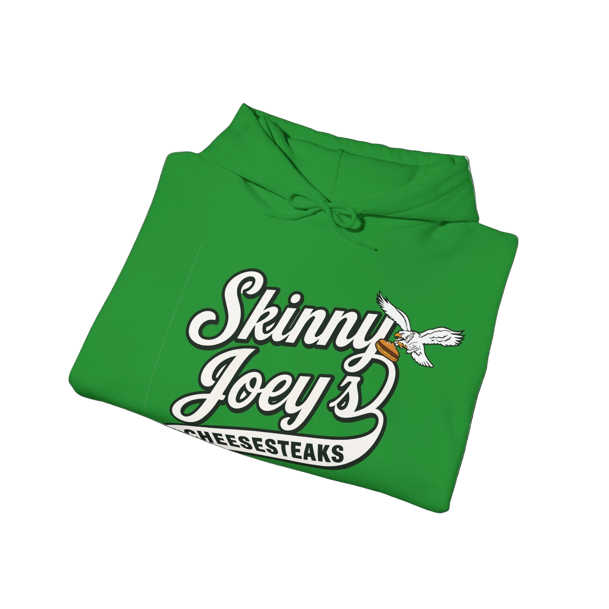 Green hoodie with 'Skinny Joey's Cheesesteaks' text on a white background