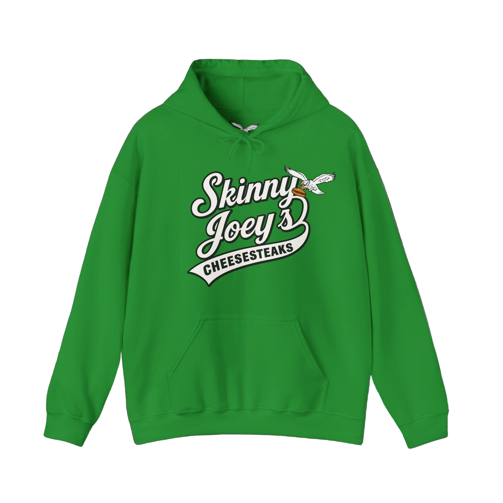 Green hoodie with 'Skinny Joey's Cheesesteaks' text on a white background