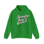 Green hoodie with 'Skinny Joey's Cheesesteaks' text on a white background