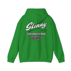 Green hoodie with 'Skinny Joey's Cheesesteaks' text on the back
