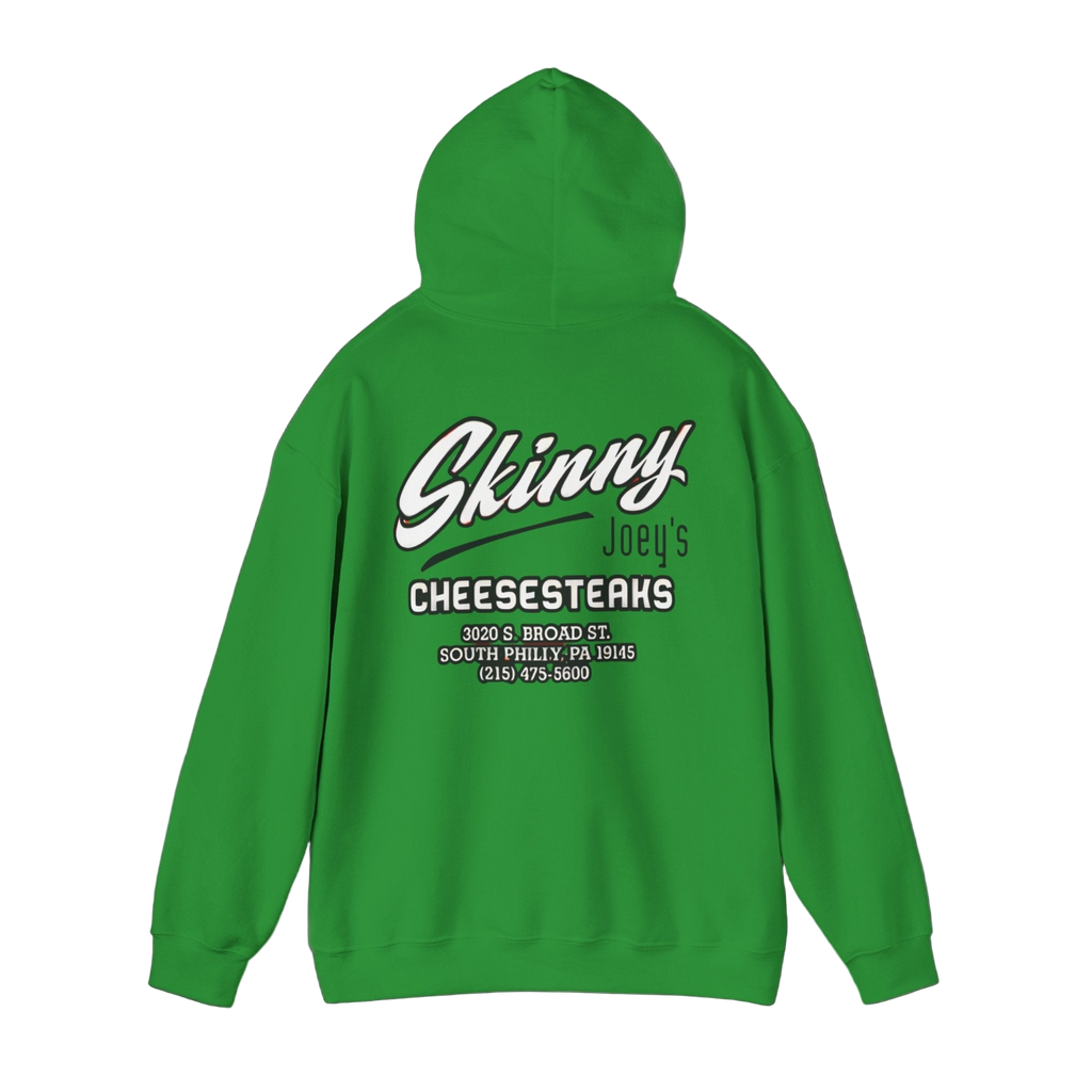 Green hoodie with 'Skinny Joey's Cheesesteaks' text on the back against a black background