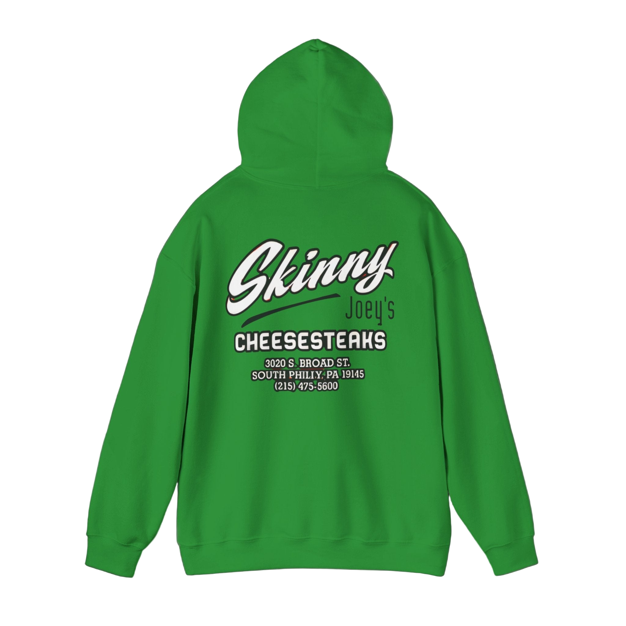 Green hoodie with 'Skinny Joey's Cheesesteaks' text on the back against a black background