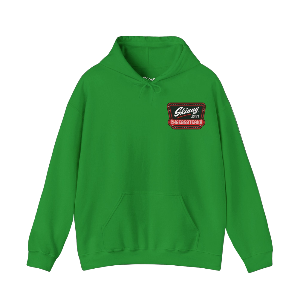 Green hoodie with a red and white logo on a white background