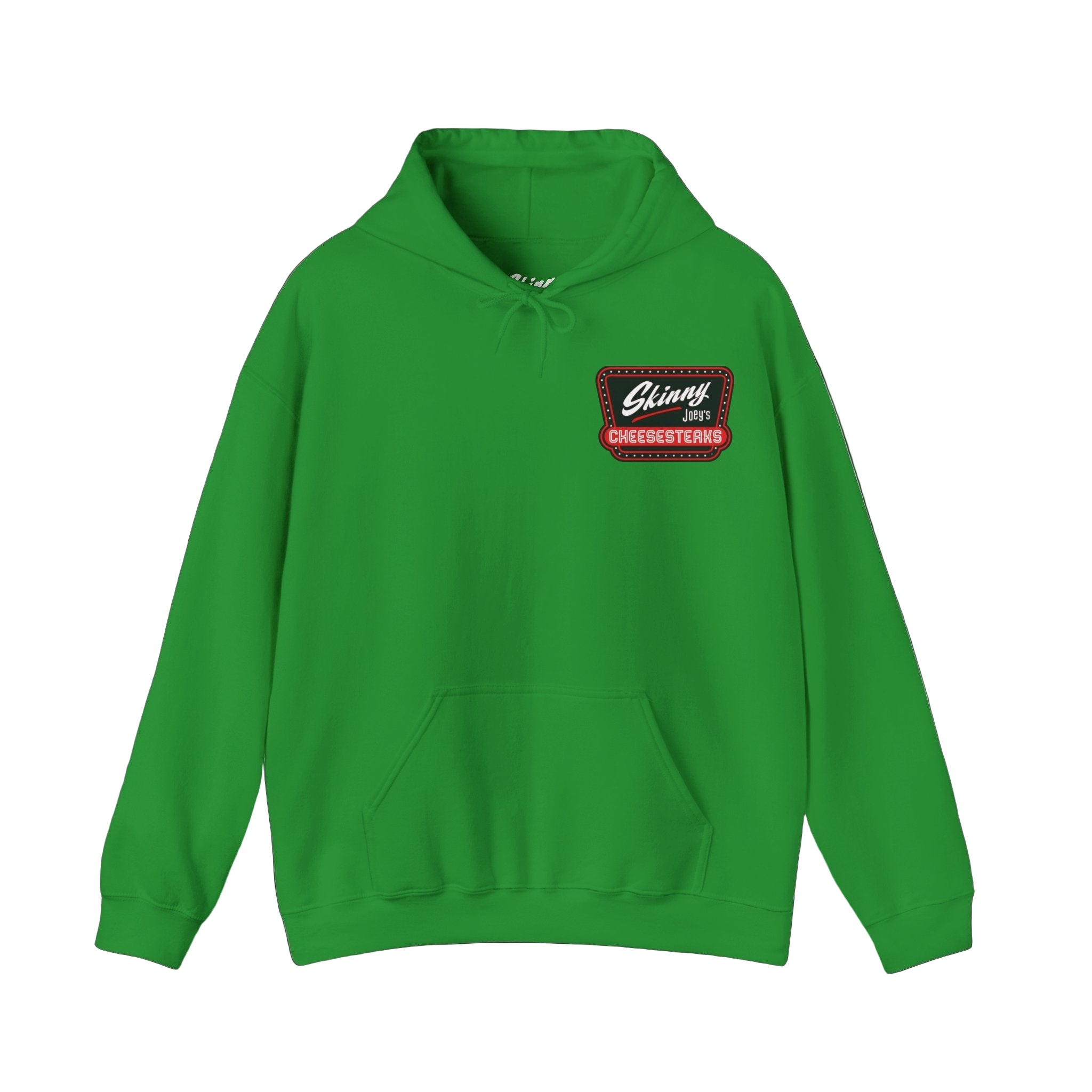 Green hoodie with a red and white logo on a white background