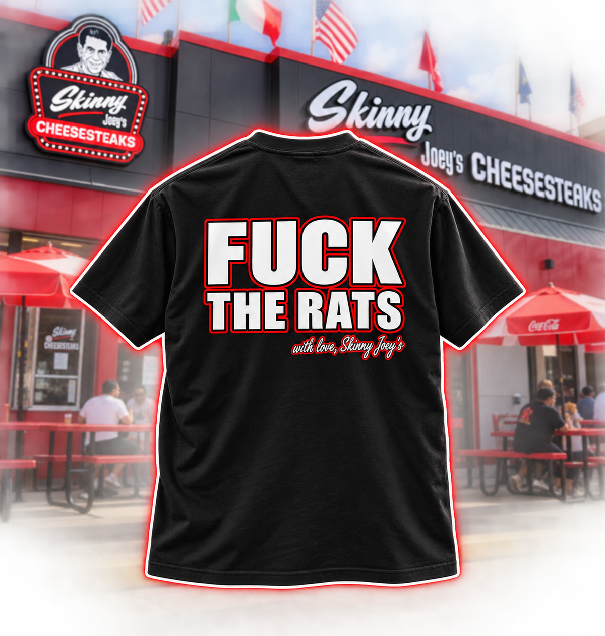 Rats Statement graphic tee in black, back print outside the Skinny Joey's storefront, Italian American pride apparel