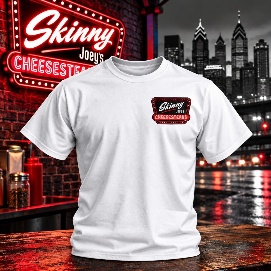 A white short-sleeve t-shirt with a red and black 'Skinny Joey's Cheesesteak' logo patch on the left chest, displayed against a stylized background of a neon restaurant sign and a city skyline at night.