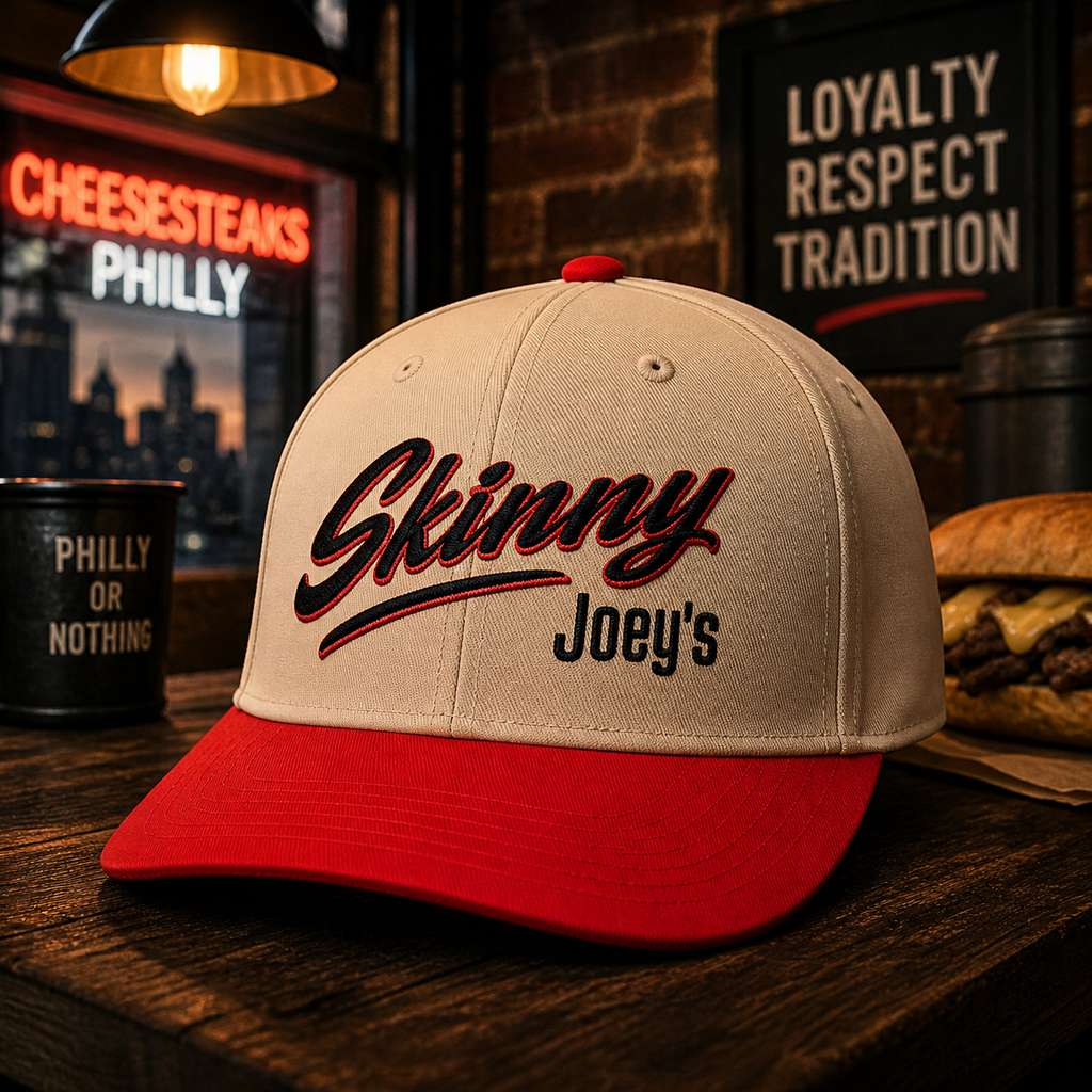 Beige and red cap with 'Skinny Joey's' text on a wooden surface with a restaurant background.