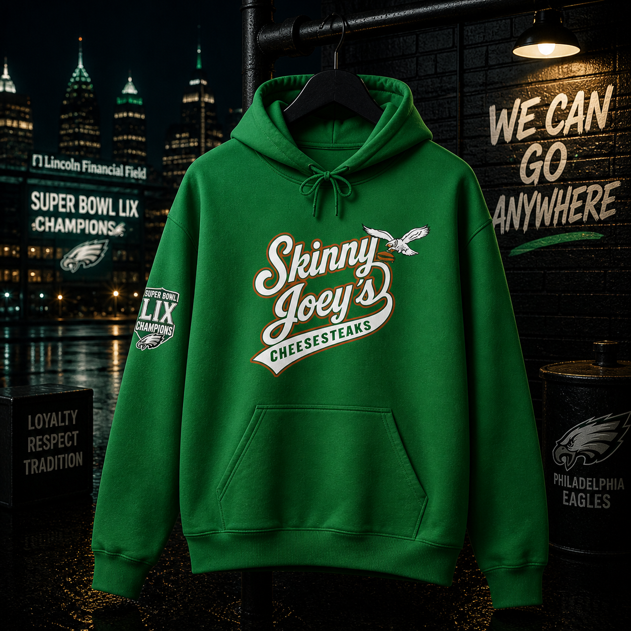 Super Bowl Champs X Skinny Joey Cheesesteaks Logo Pullover Hoodie