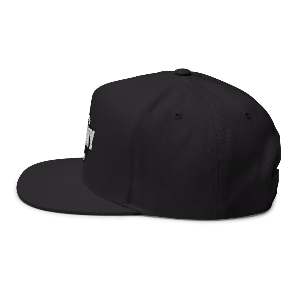 Black cap with a small white logo on a white background