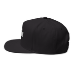 Black cap with a small white logo on a white background