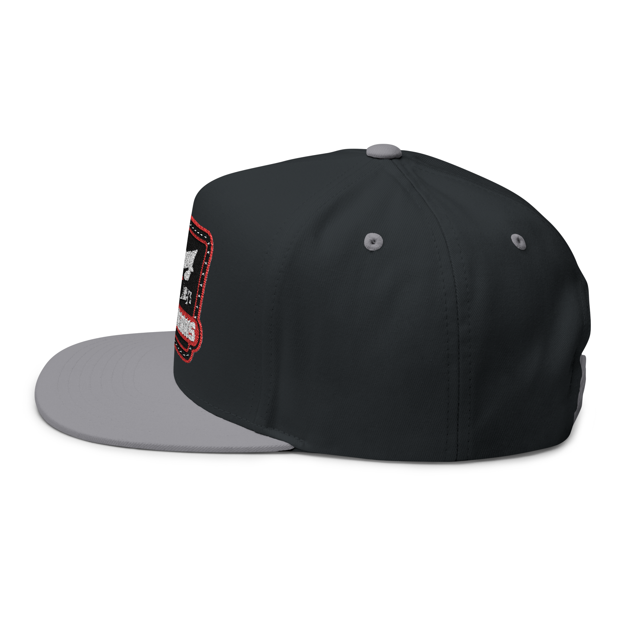Black and gray cap with a patch on a white background