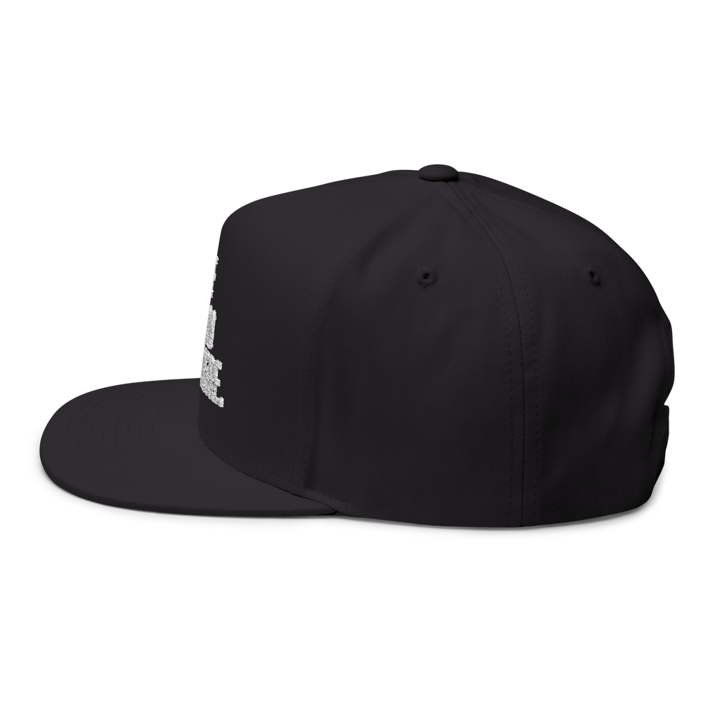 Black cap with a white logo on a white background