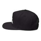 Black cap with a white logo on a white background