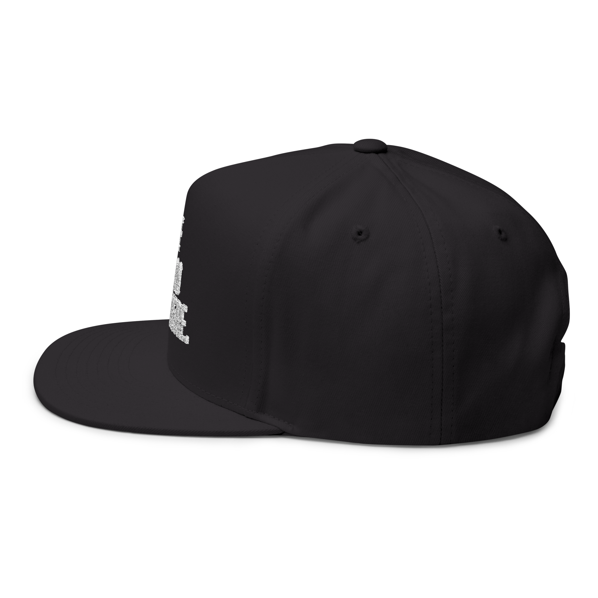 Black cap with a white logo on a white background