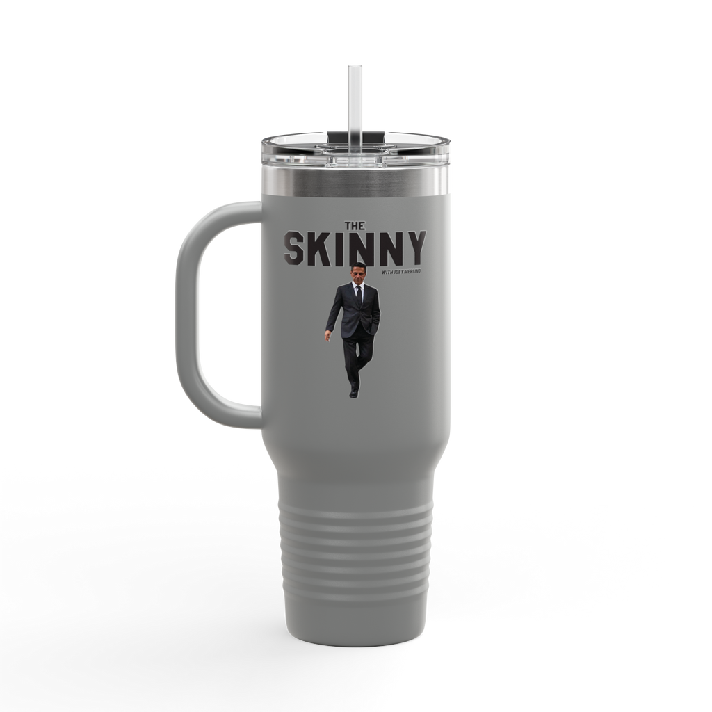 Gray travel mug with 'The Skinny' text and a person in a suit on a white background