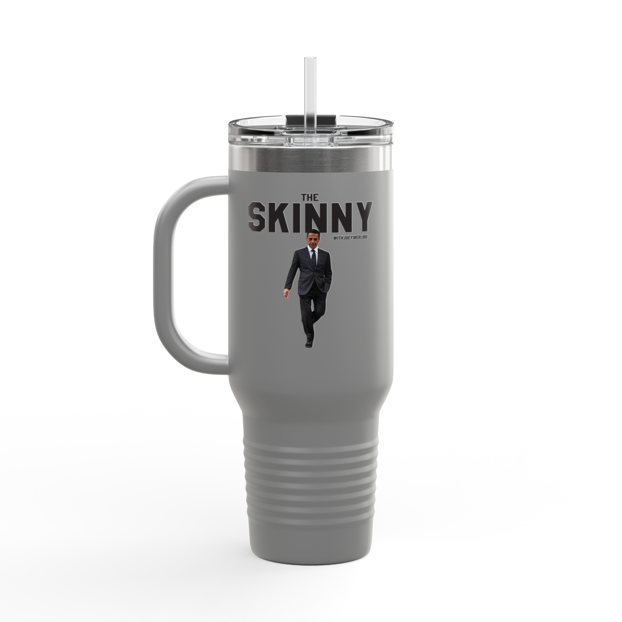Gray travel mug with 'The Skinny' text and a person in a suit on a white background