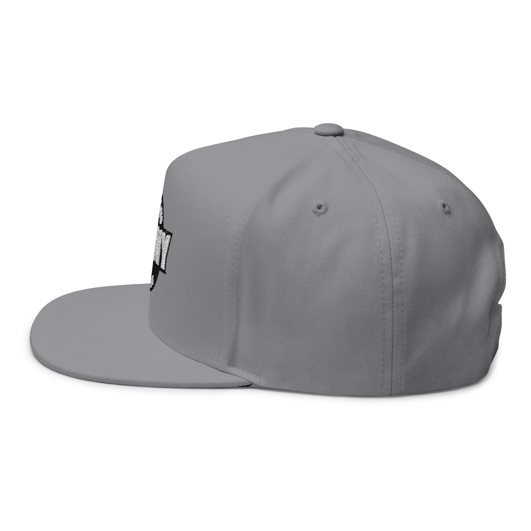 Gray cap with a small logo on a white background