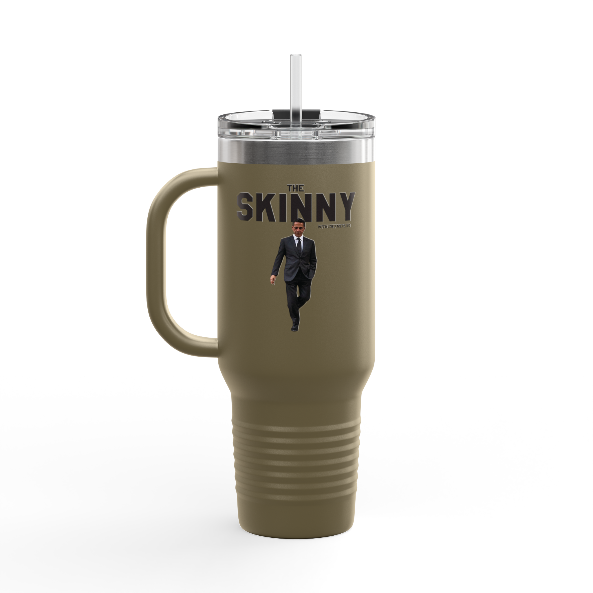 Mug with 'The Skinny' text and a man in a suit on a white background