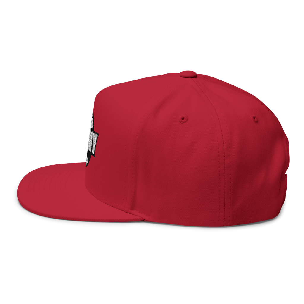 Red cap with a small logo on a white background