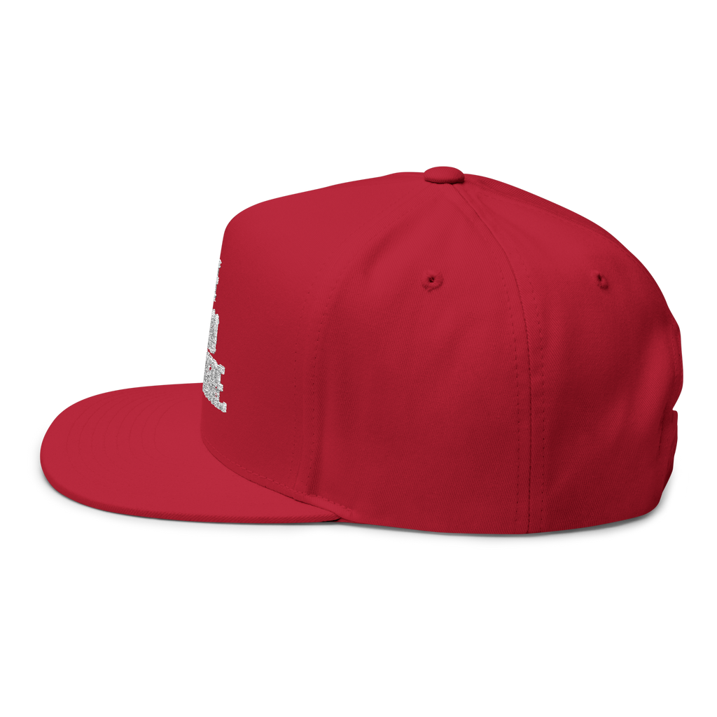 Red cap with a small white logo on a white background