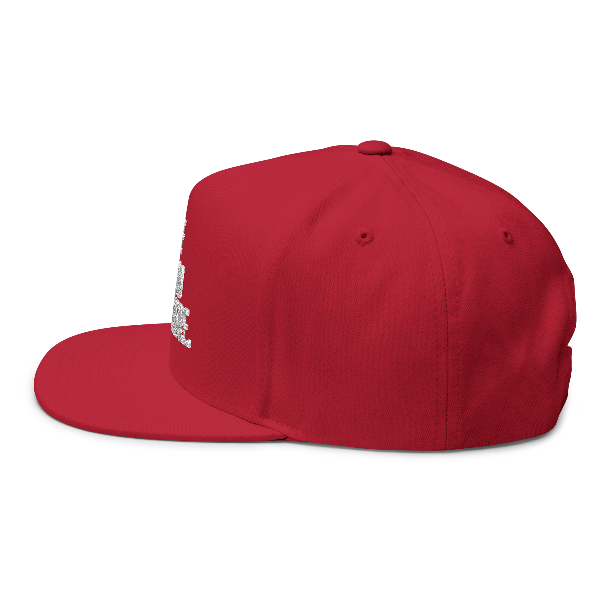 Red cap with a small white logo on a white background