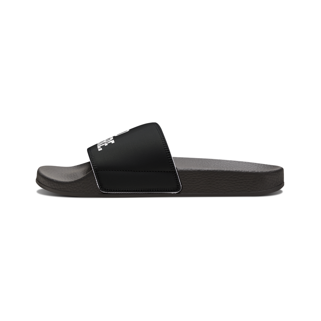 Black slide sandal with a brand logo on a white background