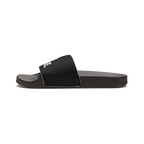 Black slide sandal with a brand logo on a white background