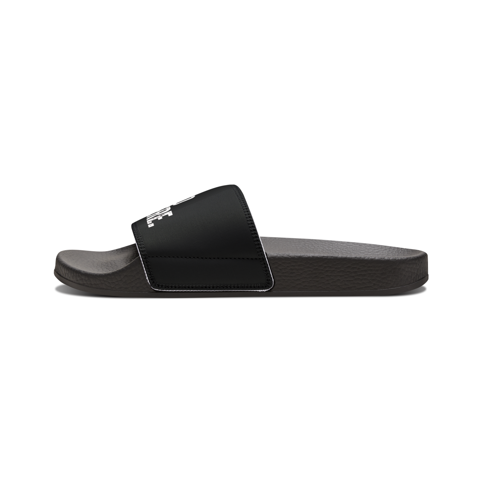 Black slide sandal with a brand logo on a white background