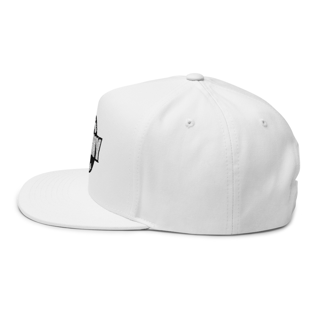 White cap with a small logo on a white background