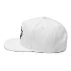 White cap with a small logo on a white background
