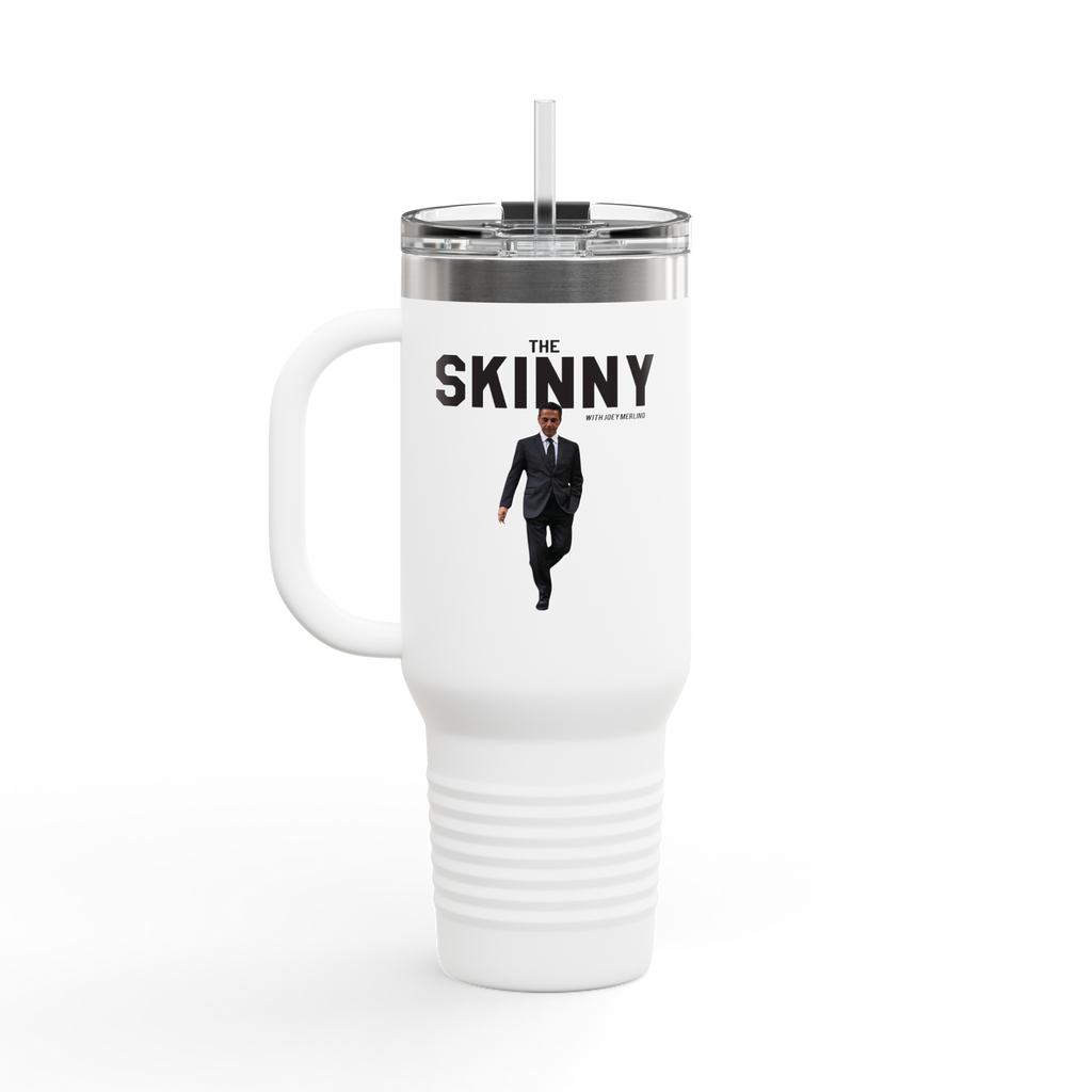 White travel mug with 'The Skinny' text and a person in a suit on a white background