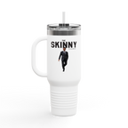 White travel mug with 'The Skinny' text and a person in a suit on a white background