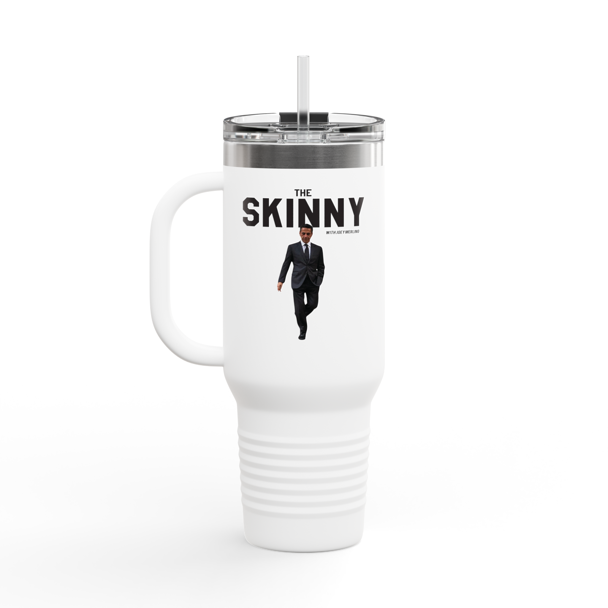 White travel mug with 'The Skinny' text and a person in a suit on a white background