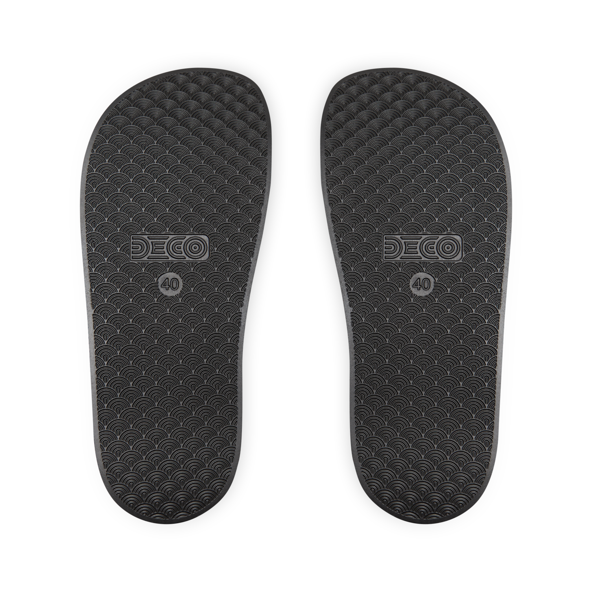 Pair of black shoe insoles with DECO branding on a white background