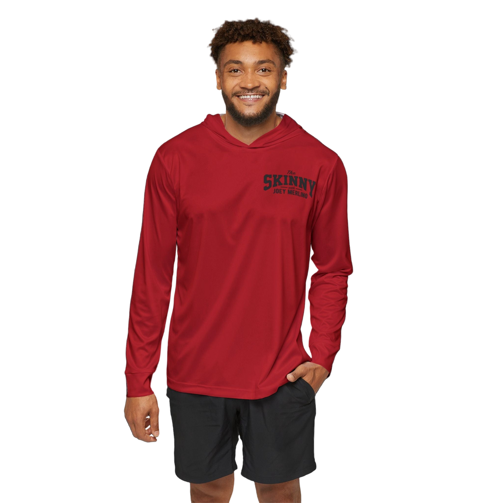 Man wearing a red hoodie with 'Skinny' text on a white background