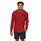 Man wearing a red hoodie with 'Skinny' text on a white background