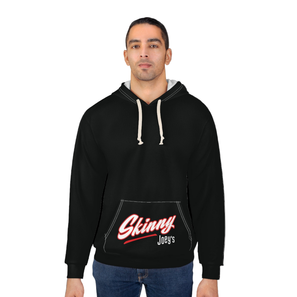 Man wearing a black hoodie with 'Skinny Joey's' logo on a white background