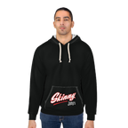 Man wearing a black hoodie with 'Skinny Joey's' logo on a white background