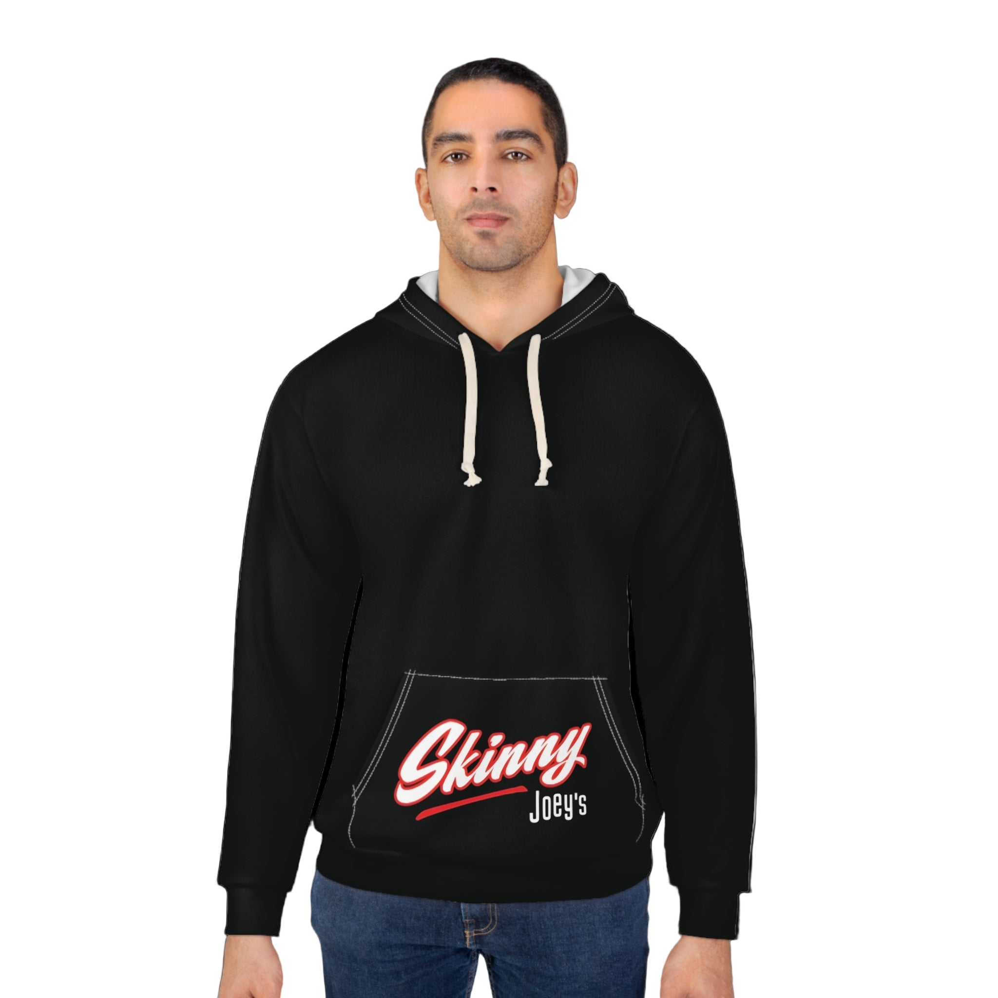 Man wearing a black hoodie with 'Skinny Joey's' logo on a white background