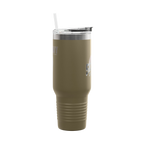 Moss green tumbler with silver lid on a white background