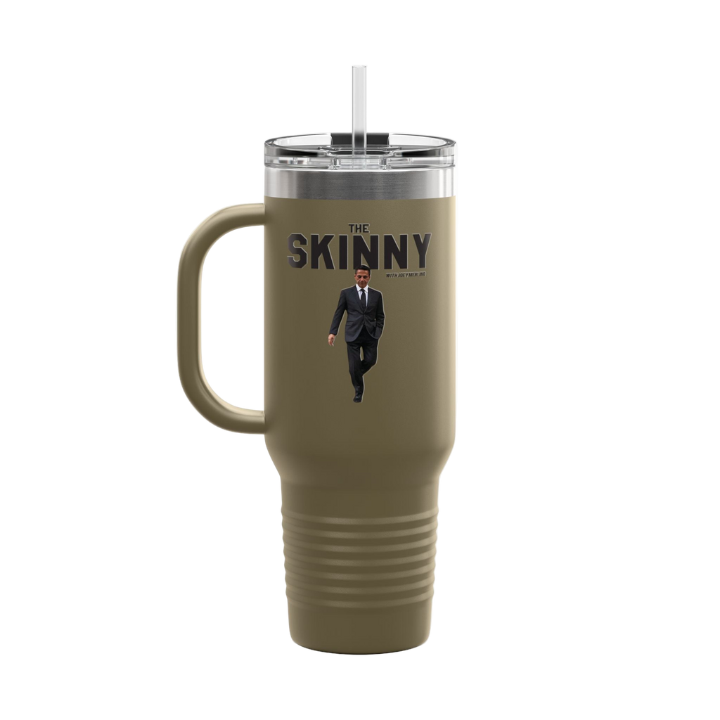 Mug with 'The Skinny' text and a person in a suit on a white background