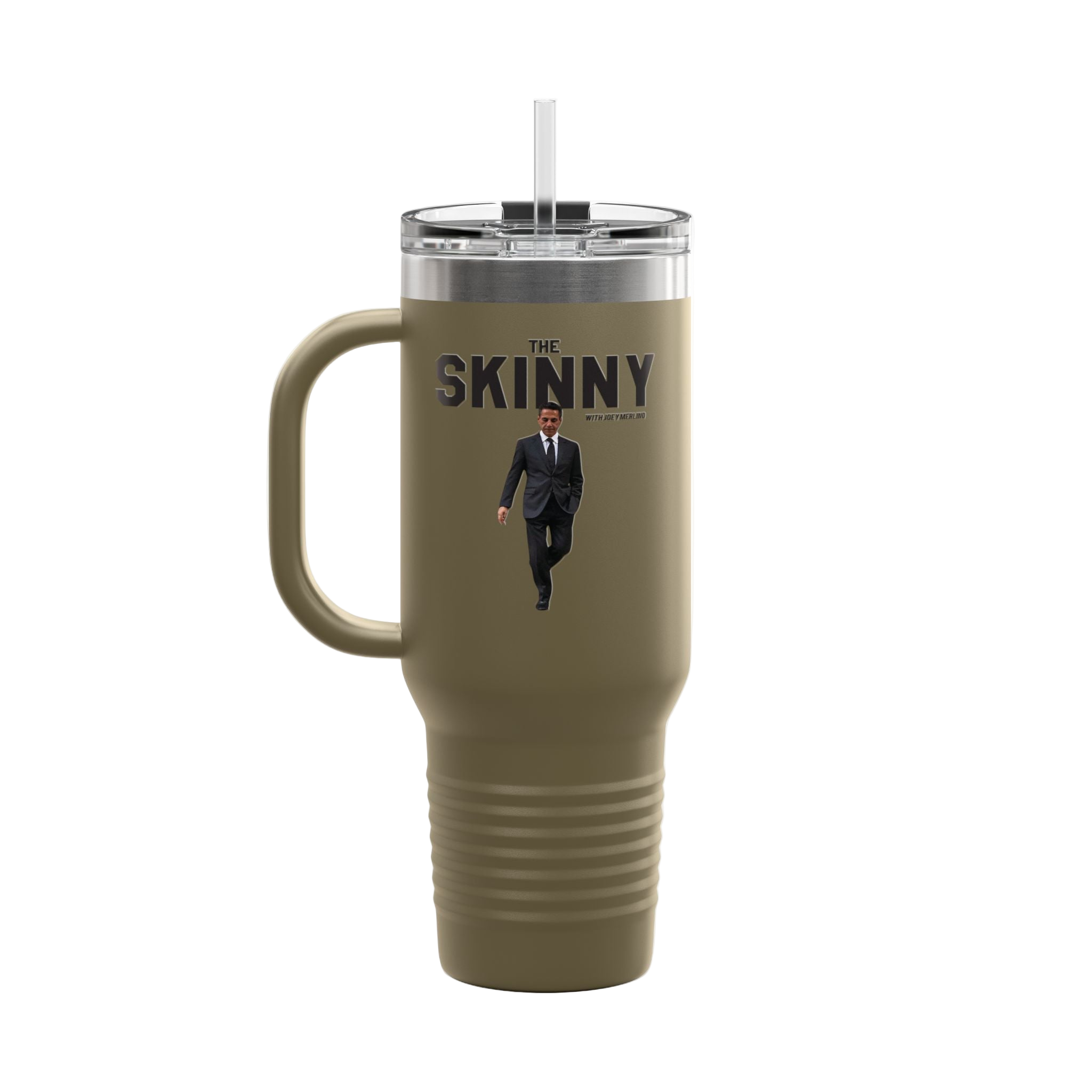 Mug with 'The Skinny' text and a person in a suit on a white background