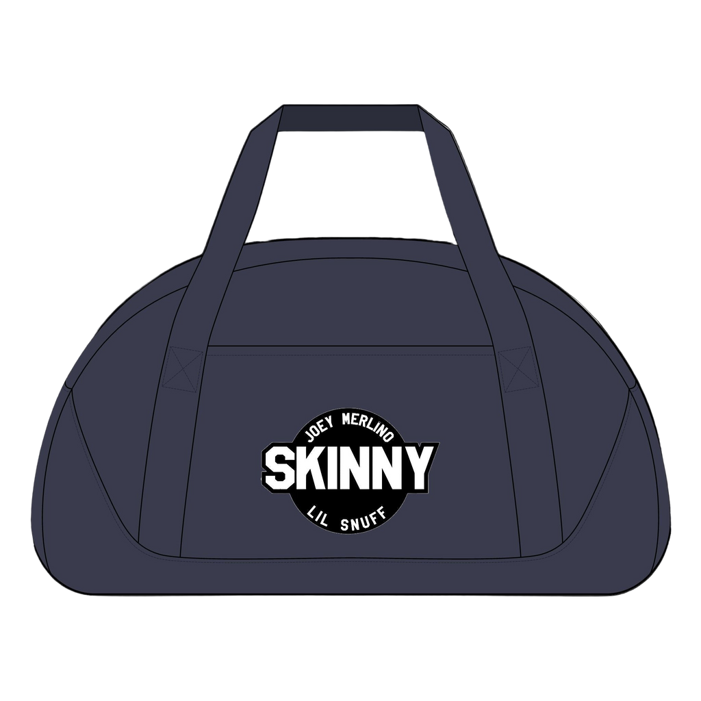 Navy duffel bag with 'SKINNY' logo on a white background