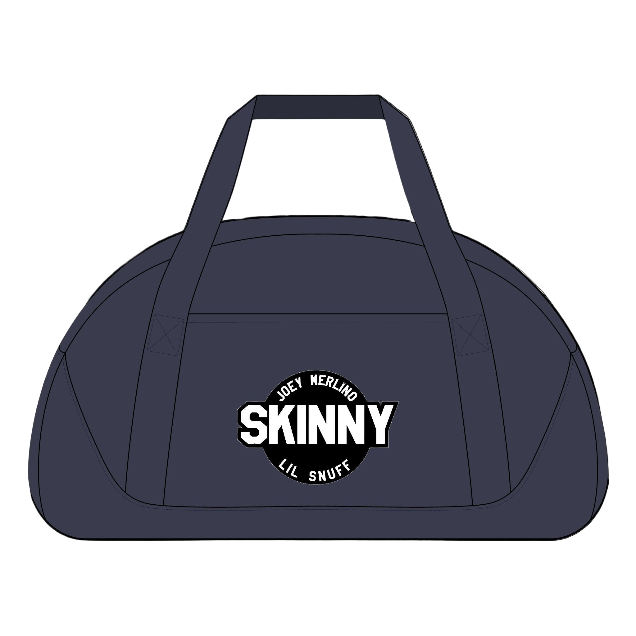 Navy duffel bag with 'SKINNY' logo on a white background